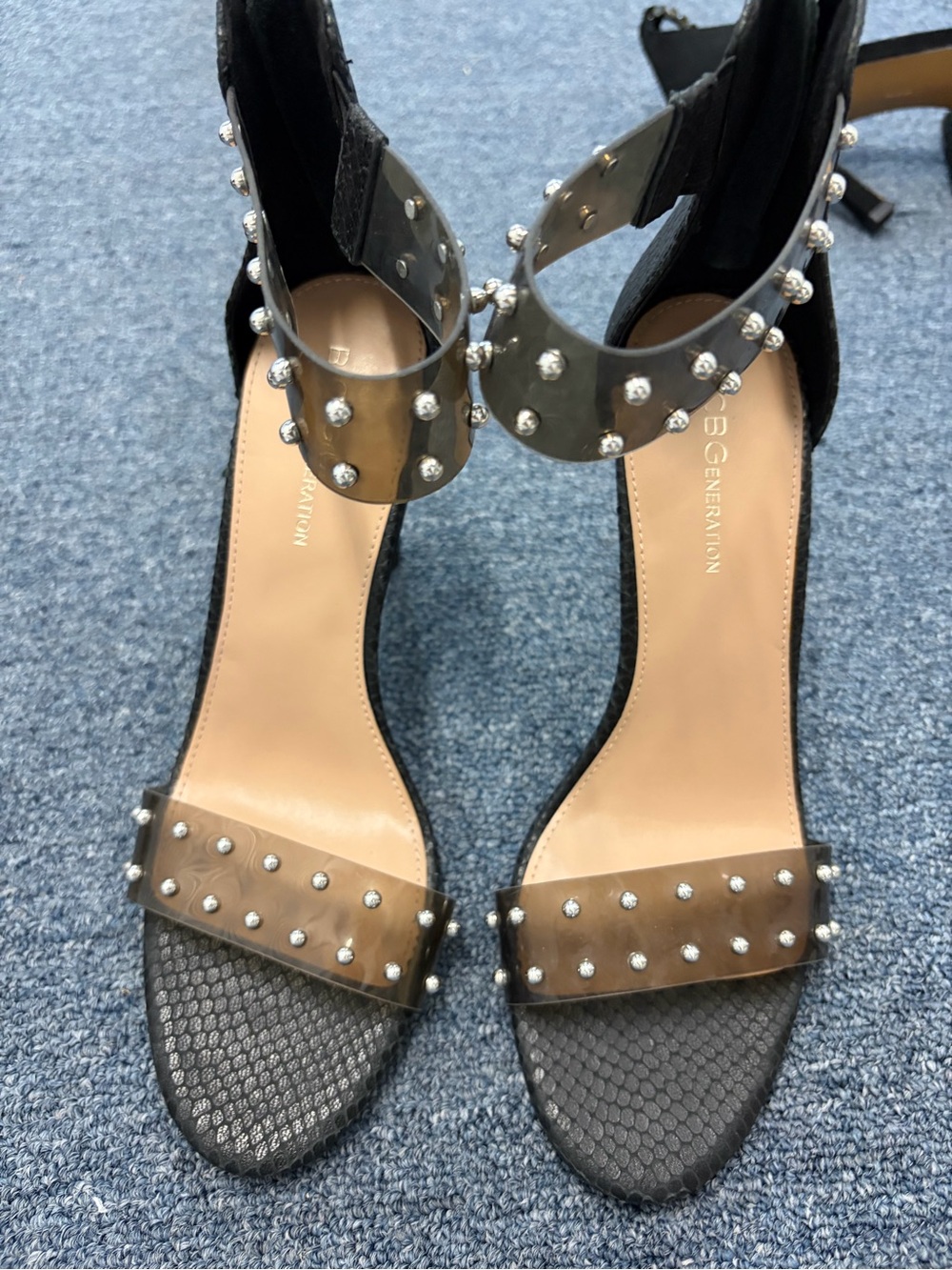 BCBGeneration Black Studded Clear-Strap Heels
